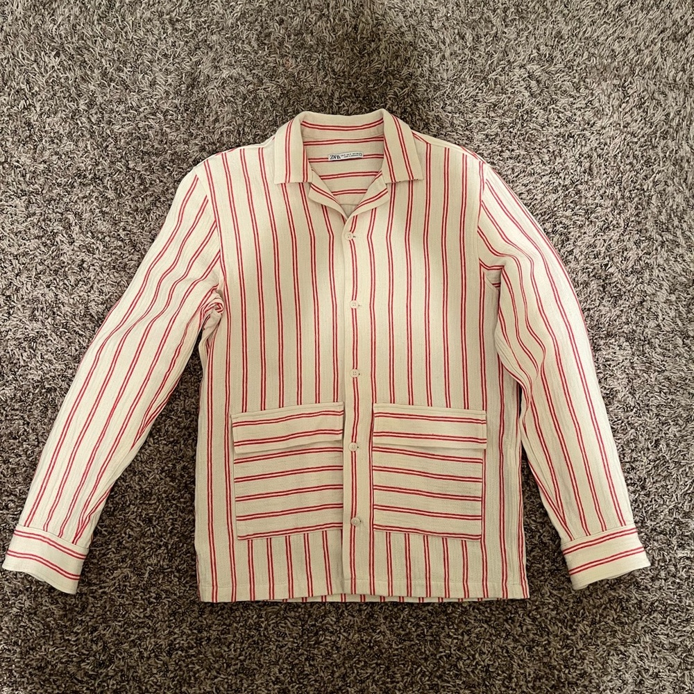 Zara White Over-shirt with Red Stripes